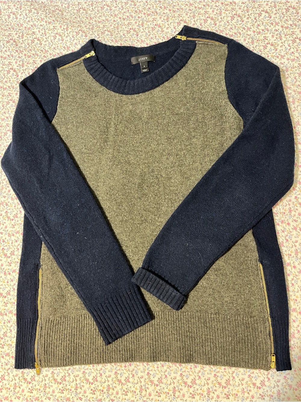 J. Crew Navy and Olive Crewneck Sweater with Gold Zips. Small